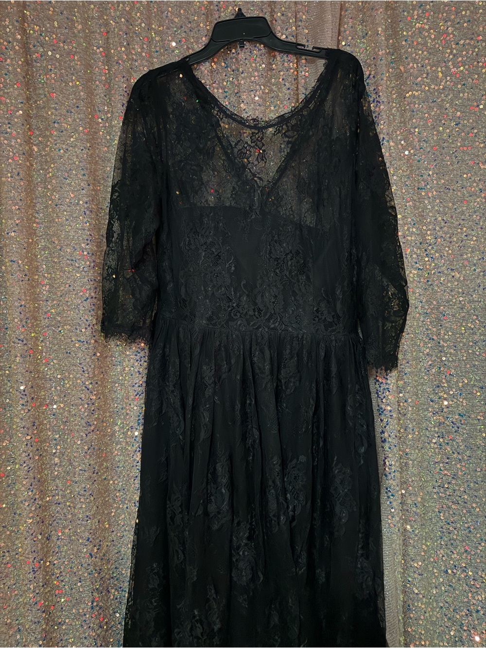 Black Lace Long-Sleeve Midi Dress with Sheer Overlay